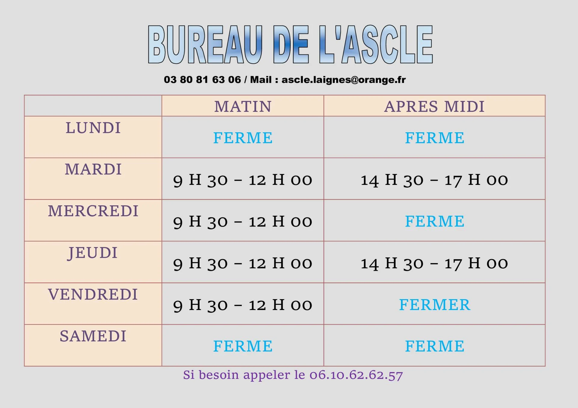 Horaires bureau actuels